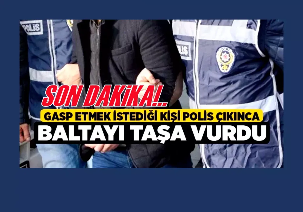 Gasp etmek istediği kişi polis çıkınca baltayı taşa vurdu